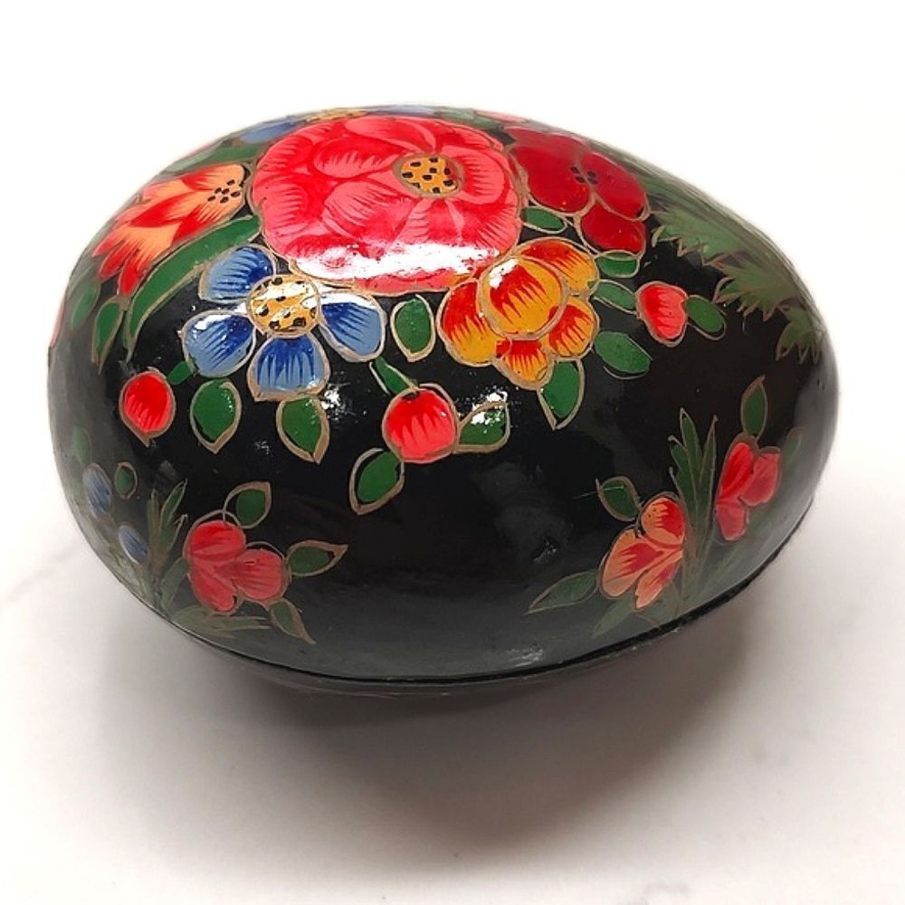 Vintage Kashmir Hand Painted Floral Paper Mache Egg Trinket Box